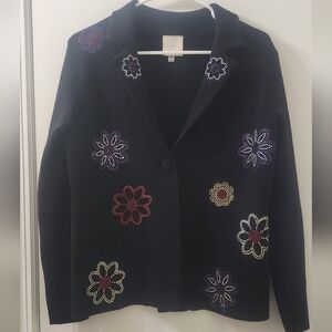 Sioni Embellished Black Sweater Jacket with Floral Accents